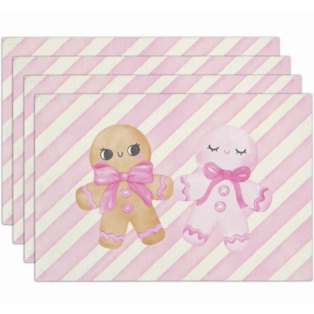 Gingerbread Christmas Placemats Set of 4, 12x18” Pink